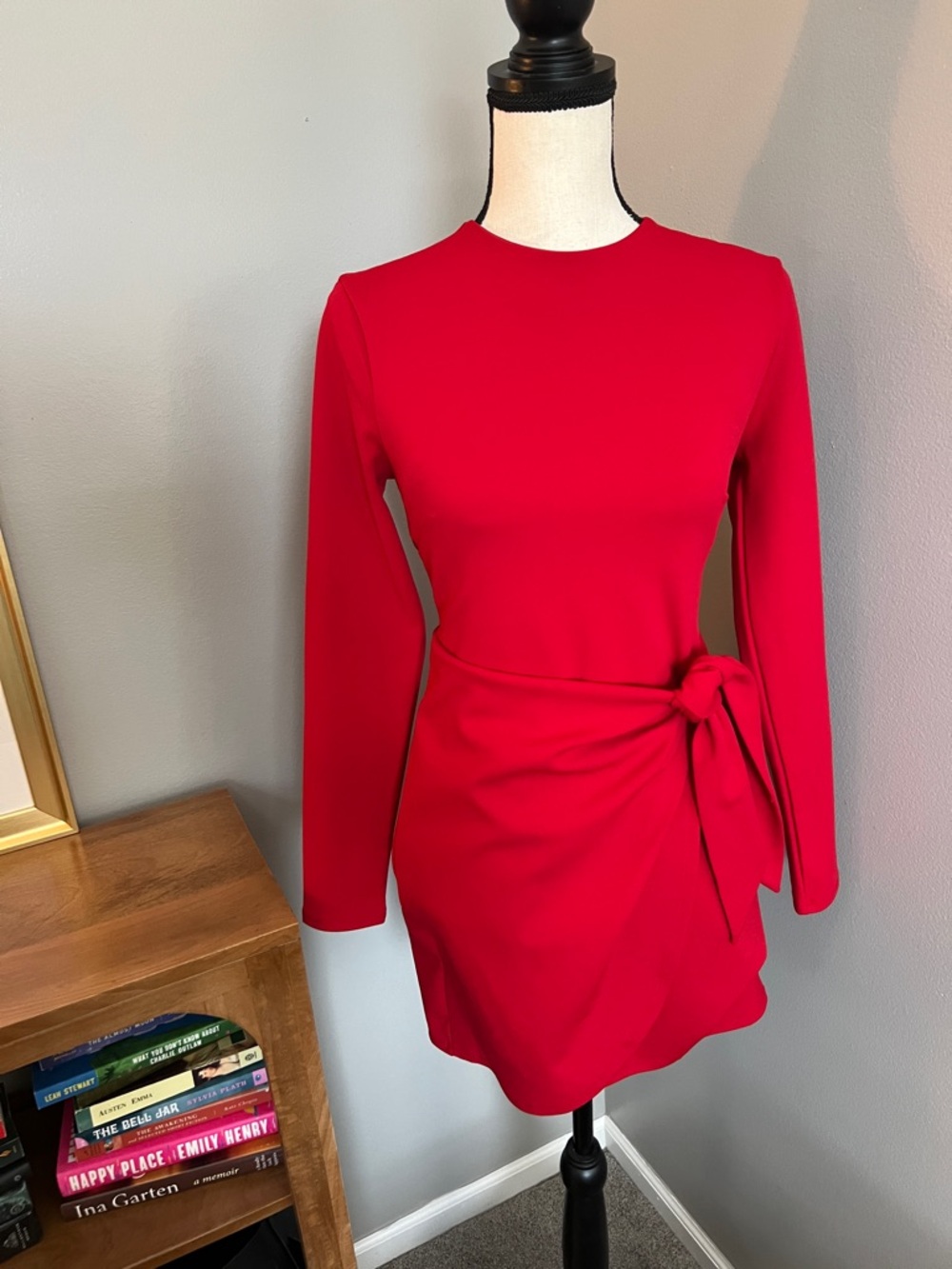 Express Red Long-Sleeve Tie-Waist Mini Dress